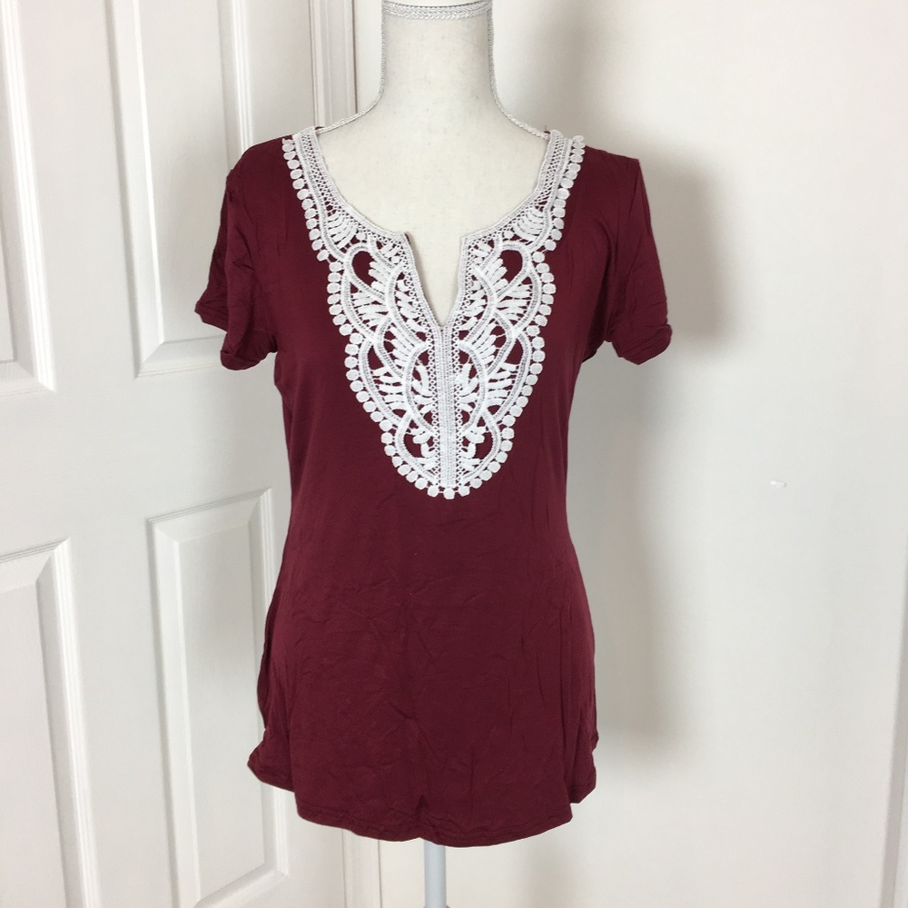New Womens Wine Lace Cropped Blouse Shirt Large